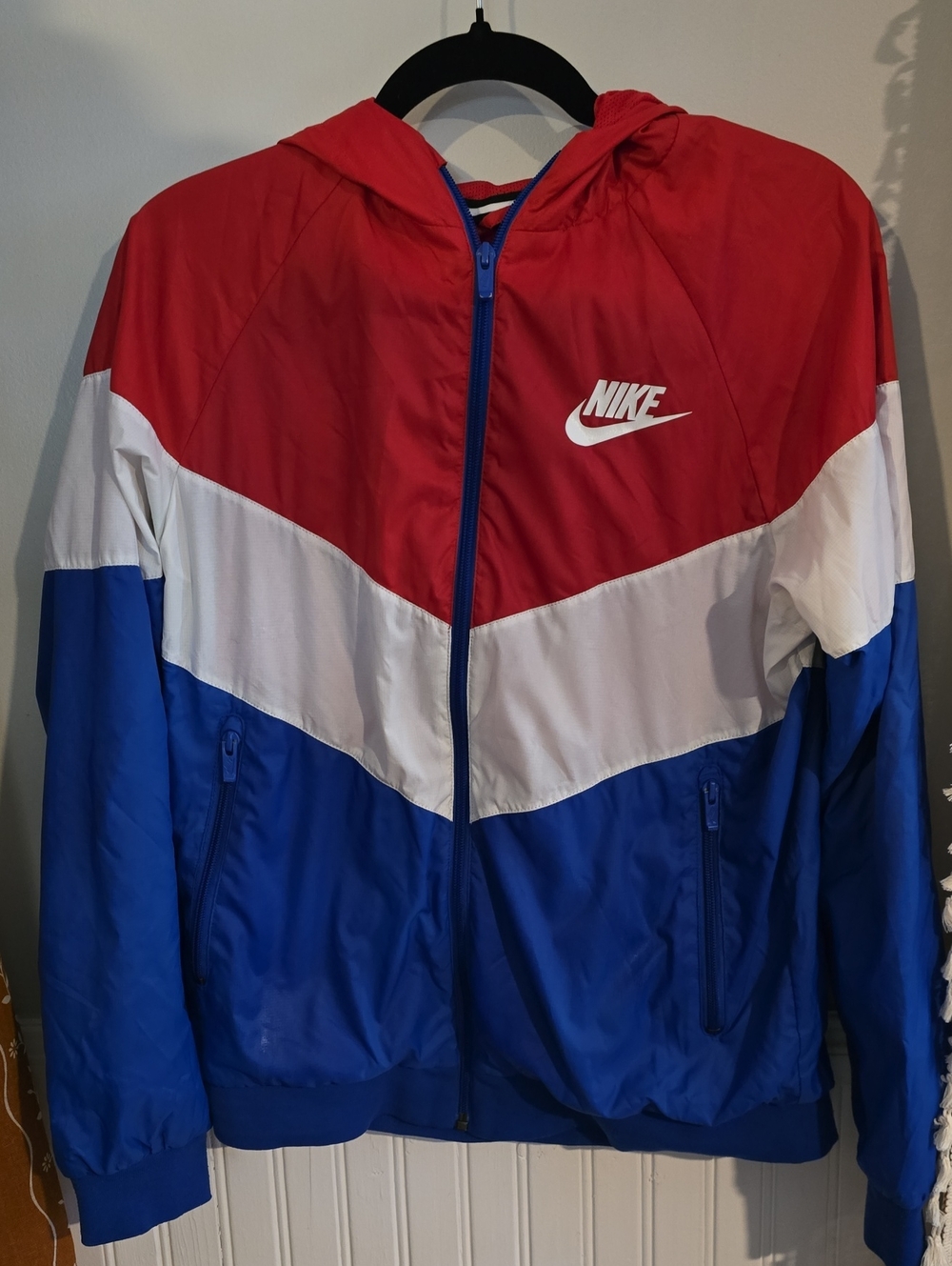 Nike Red White Blue Colorblock Hooded Windbreaker